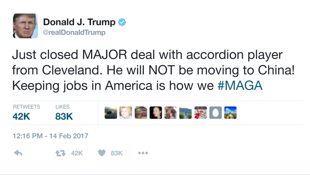 Illustration for article titled Keeping Jobs In America: Trump Has Convinced An Accordion Player Not To Move To China